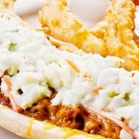 Footlong Hot Dog · All beef footlong hot dog covered with chili, cheese, onions, mustard and coleslaw.