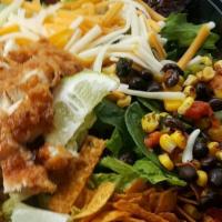 Southwest Salad · Spring mix, roasted corn and black beans, tortilla strips, grilled BBQ chicken, and spicy ra...
