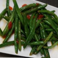 Fasolakia · Vegetarian. Gluten-free. Green beans with red sauce.