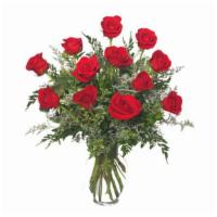 Classic Red Roses · Classic Roses arrangement of 12 premium long stemmed red roses in a glass vase with baby's b...