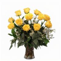 Yellow Sunshine Roses · Yellow Roses arrangement of 12 premium long stemmed red roses in a glass vase with baby's br...