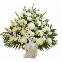 Sympathy White Basket · Crafted from striking white blooms, our tasteful floor basket arrangement is a beautiful sym...