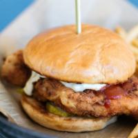 Fried Chicken Sandwich · Spicy glaze, pickles, chunky bleu cheese sauce, fries.