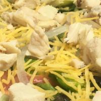 Large Grilled Chicken Salad · Freshly made with lettuce, diced tomatoes, onions, green peppers, black olives, shredded car...