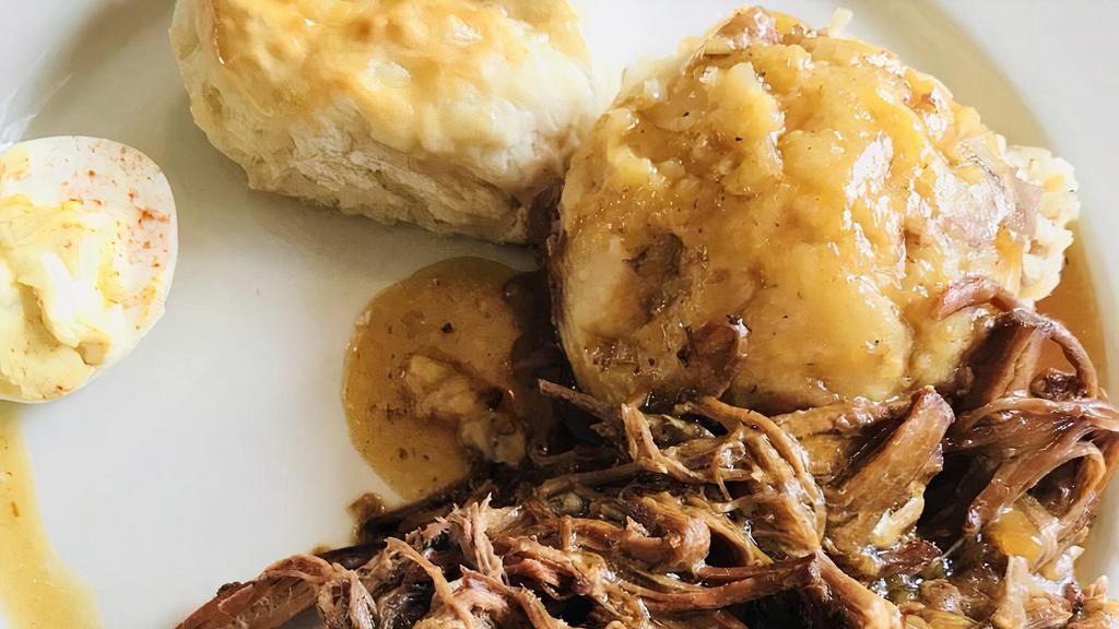 Pot Roast · Gluten free. Just like mom’s. Slowly simmered in its own au jus and served with mashed potatoes and your choice of side.