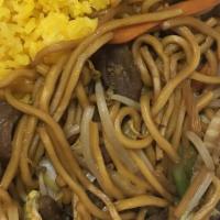 Beef Chow Mein · Served with pork fried rice or white rice and egg roll.