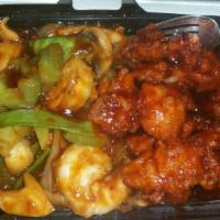 Dragon & Phoenix · Shrimp with chili sauce and hot & spicy general tso's chicken.  Spicy.