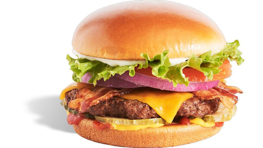Bacon Cheddar Burger Combo · Cheddar cheese, bacon, lettuce, tomato, red onion, pickles, mustard, ketchup, mayo. Combos include an order of regular seasoned fries and a 20oz drink.