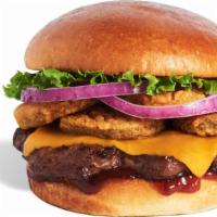 Honey Bbq Burger · Flame-grilled, 100% angus patty topped with cheddar cheese, fried pickles, red onion, lettuc...