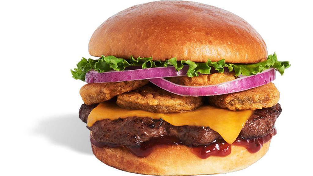 Honey Bbq Burger · Flame-grilled, 100% angus patty topped with cheddar cheese, fried pickles, red onion, lettuce and honey BBQ sauce