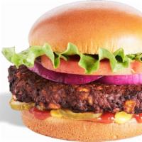 Black Bean Burger · Chipotle seasoned black bean burger served with lettuce, tomato, red onion, pickles, mustard...
