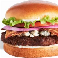 Black And Bleu Burger · Blackened beef, crumbled blue cheese, bacon, lettuce, tomato, red onion, mayo.