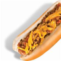 Chili Cheese Dog · Hot dog topped with house-made beef chili and cheese,