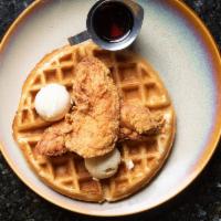 Chicken & Waffle · Crispy fried chicken tenders, buttermilk waffle, honey whipped butter, maple syrup.