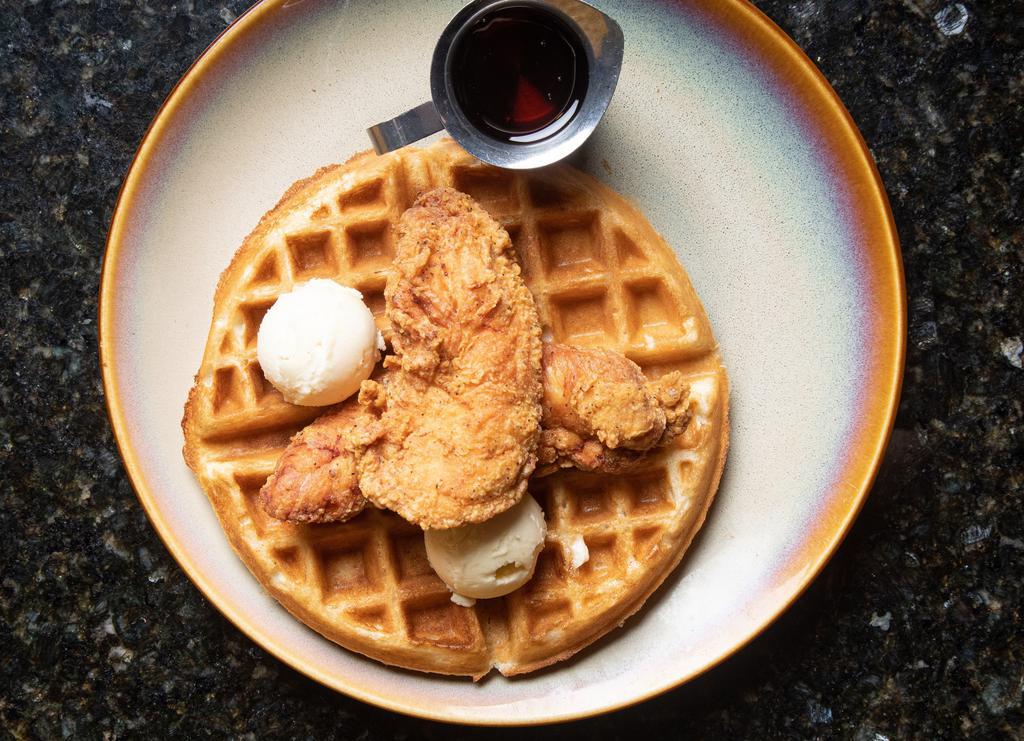 Chicken & Waffle · Crispy fried chicken tenders, buttermilk waffle, honey whipped butter, maple syrup.