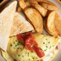 Chisesi Ham & Cheese Omelet · Smoked Ham, white cheddar, pickled peppers, breakfast potatoes, sourdough toast