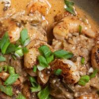 Shrimp & Jambalaya · Slow roasted chicken & andouille jambalaya topped with gulf shrimp. Substitute blackened or ...