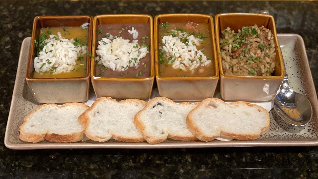 Taste Of New Orleans (Enjoy All Four) · Crawfish étouffée, creole jambalaya,duck andouille & black-eyed pea gumbo,red beans & rice.