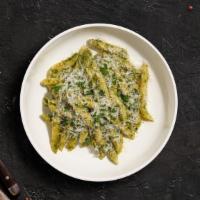 Pesto Pasta · Fresh basil leaves, garlic, grated parmesan cooked with penne.