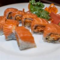 Salmon Love Roll · Spicy salmon and whole salmon on the top.