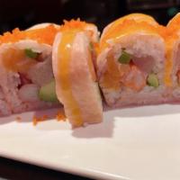 Paradise Roll · Soy paper, tuna, salmon, yellow tail, asparagus, avocado, crab, masago with spicy mayo.(8 pi...