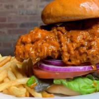 Fried Chicken Sandwich · Lettuce, tomato, onion, one side. Swiss or cheddar +$1 | Nashville-Hot Sauce Toss +$2