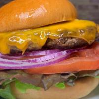 Brent Street Burger · Sharp cheddar, lettuce, tomato, onion, toasted bun, one side.