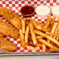Jumbo Chicken Tenders · SERVED WITH FRENCH FRIES OR SWEET POTATO FRIES
TOSS 'EM IN ANY OF OUR SAUCES
BBQ, TERIYAKI, ...