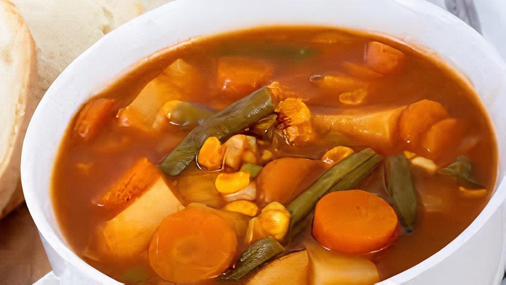 Garden Vegetable Soup  · Potatoes, carrots, tomatoes, Corn, Celery, Kidney Beans, Green Beans