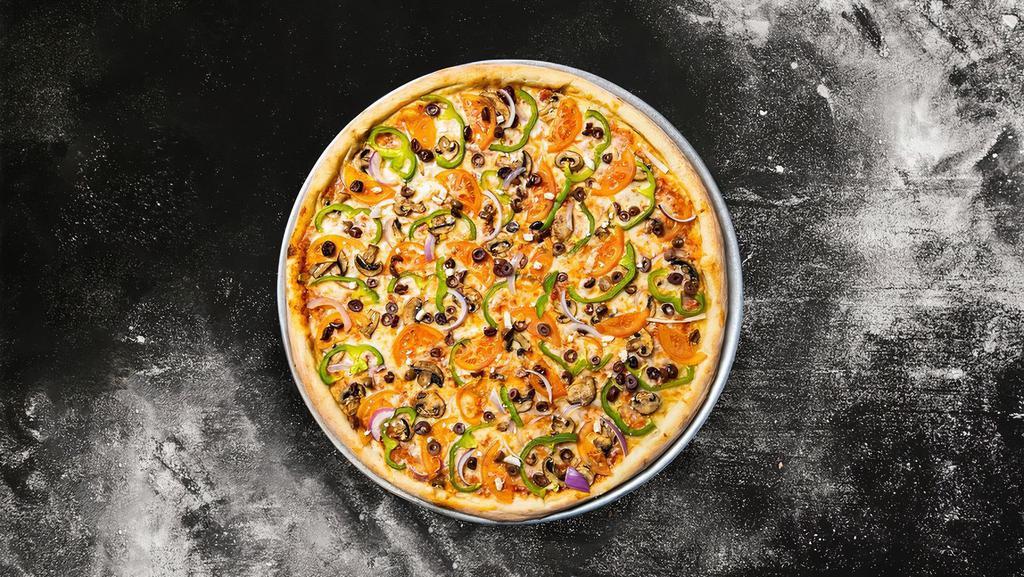 Veggie Pizza · Black olives, bell peppers, red onion, mushrooms & tomatoes.