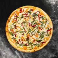 Spinach Pizza · Fresh garlic, fresh spinach, red onion & tomato.
