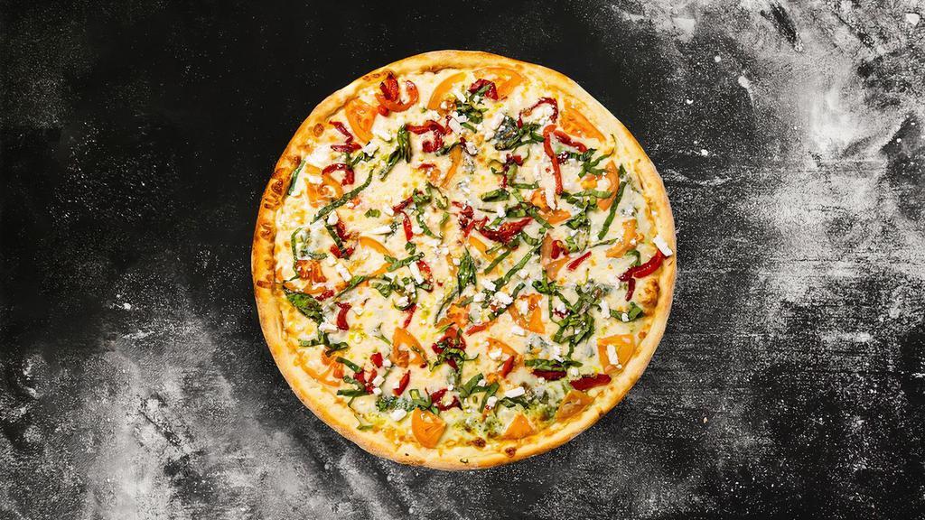 Spinach Pizza · Fresh garlic, fresh spinach, red onion & tomato.