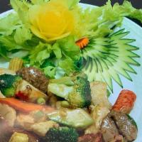 Happy Family · Jumbo shrimp, scallop, chicken, beef, pork & fresh vegetables in brown sauce.