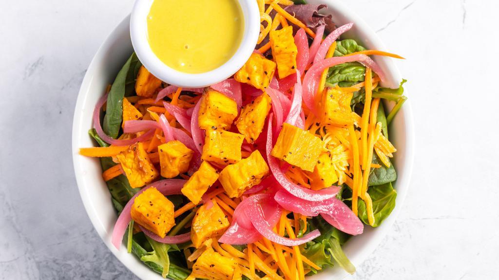 Bbq Salad · Mixed greens  topped with roasted sweet potatoes, pickled onions, cheddar cheese, shredded carrots & your choice of pulled pork, pulled chicken or smoked tofu. Served with your choice of dressing. House recommends Honey Mustard 
Sub Brisket (+3) Salmon(+5)