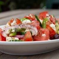 Small Greek Village Salad (Serves 1-2) · Horiatiki Salata - Tomatoes, cucumbers, green peppers, red onions, Kalamata olives, and Arac...
