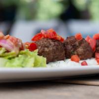 Meatball Keftedes · Fluffy aromatic beef and lamb meatballs. Served with tomato sauce and yoghurt.