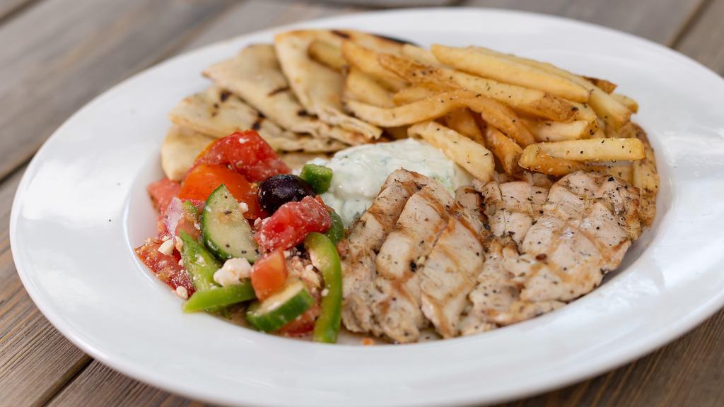 Grilled Chicken Platter · Served with tzatziki, Greek Village Salad, and Taverna fries.