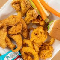 Catfish & Wings · 6 catfish strips and 3 whole wings. Includes choice of one side.