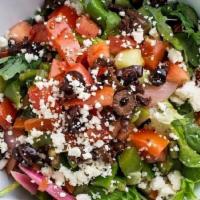 Aplos Greek Salad · lettuce, tomato, red onion, cucumber, olive, bell pepper, feta cheese, red wine vinaigrette