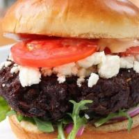 Veggie Burger · black bean patty, lettuce, tomato, red onion, feta cheese, spicy feta dressing.. *The black ...