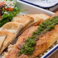 Redfish Plate · Served with brown rice, mini greek salad, hummus and pita.. *The redfish is cooked with flou...
