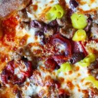 Aplos Supreme · tomato sauce, cheese, pepperoni, italian sausage, salami, red onion, olive, roasted red pepp...