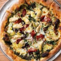 Artichoke · Sun Dried Tomato, Red Onion, Kale, Olives, House Cheese Blend, Pesto Sauce  (has parmesan ch...