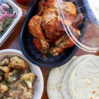 Whole Chicken Dinner · Spit Roasted Rotisserie Chicken served with choice of side, salad, pita bread, and choice of...