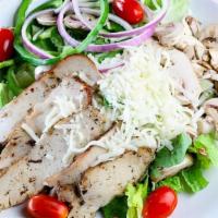 Grilled Chicken Salad · Marinated Roasted Chicken Breast and Mozzarella Served atop a Garden-Fresh mixture of Grape ...