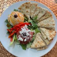 Hummus Plate · Homemade Hummus, Spicy Tomato Spread (Tomato Spread Contains Walnuts) and Roasted Red Pepper...