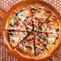Margherita Pizza · Pesto Sauce Topped with Fresh Roma Tomatoes, Fresh Mozzarella, Fresh Basil, Shredded Parmesa...