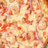 Garlic Shrimp Pizza · Zesty Garlic Sauce Topped with Seasoned Shrimp, Fresh Tomato, Red Onions and Mozzarella.