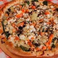 Spinach And Or Artichoke Pizza · Generous Glaze of Garlic Sauce Topped with Spinach, Fresh Mushrooms, Sautéed Onions, Fresh T...
