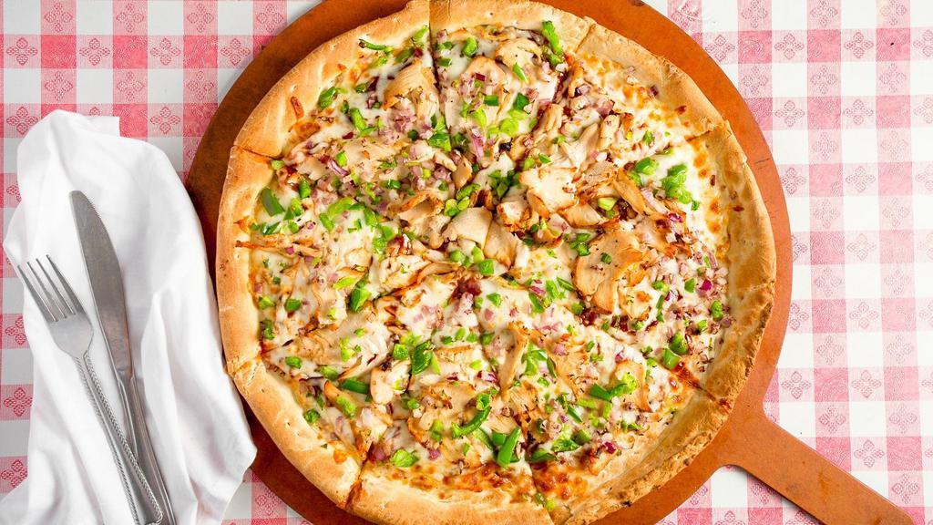 Bar-B-Que Chicken Pizza · A Layer of Tangy BBQ Sauce Topped with Marinated Roasted Chicken Breast, Green Bell Peppers, Red Onions and Mozzarella.